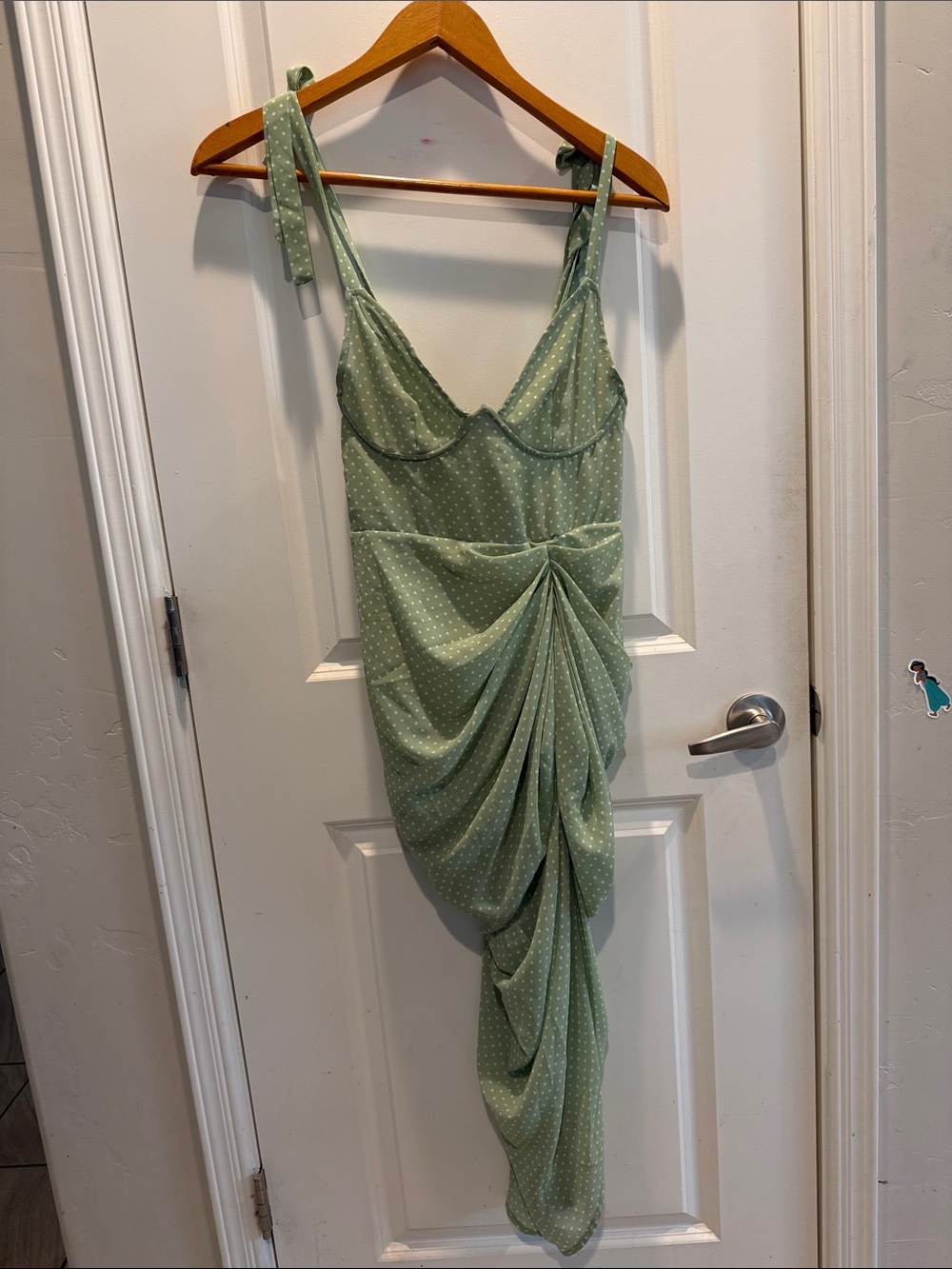PrettyLittleThing Sage Green Polka Dot Tie-Shoulder Draped Slip
